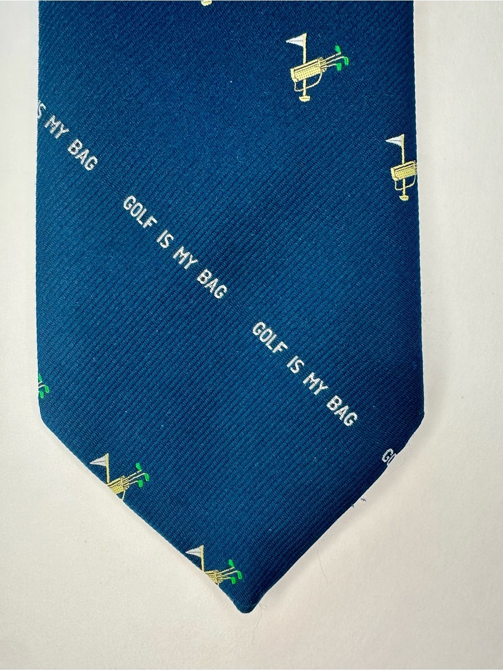 Vintage “GOLF IS MY BAG” Pun Embroidered Navy Blue Classic Tie, 3.75”